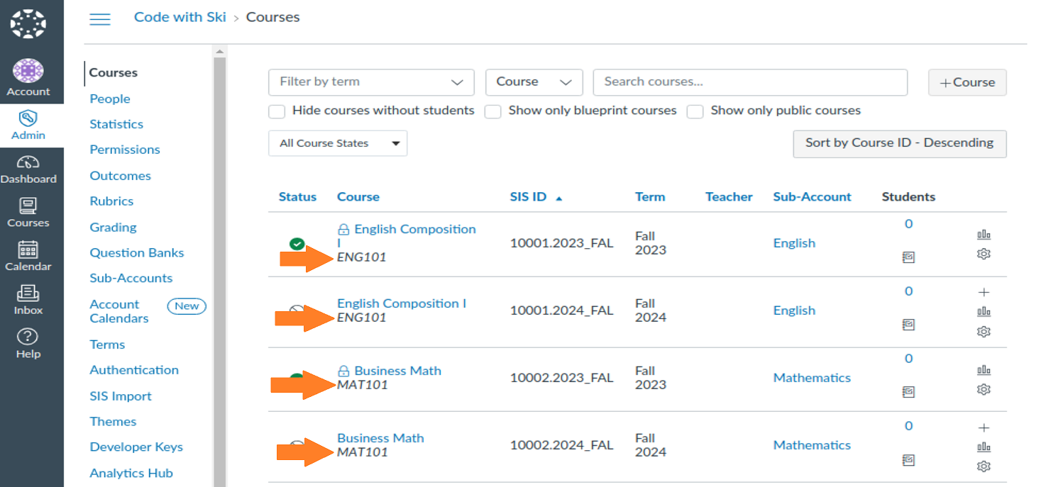 Shows the course code added below the course name of each search result